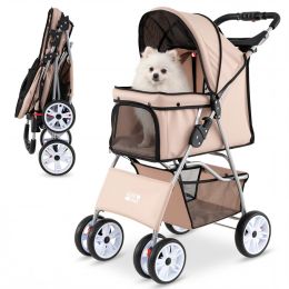4 Wheel Pet Stroller for Small Dogs Cats up to 33 LBS (Color: Beige)